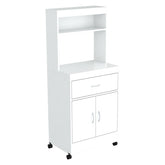 White Finish Wood Microwave Cabinet With Two Doors And Drawer